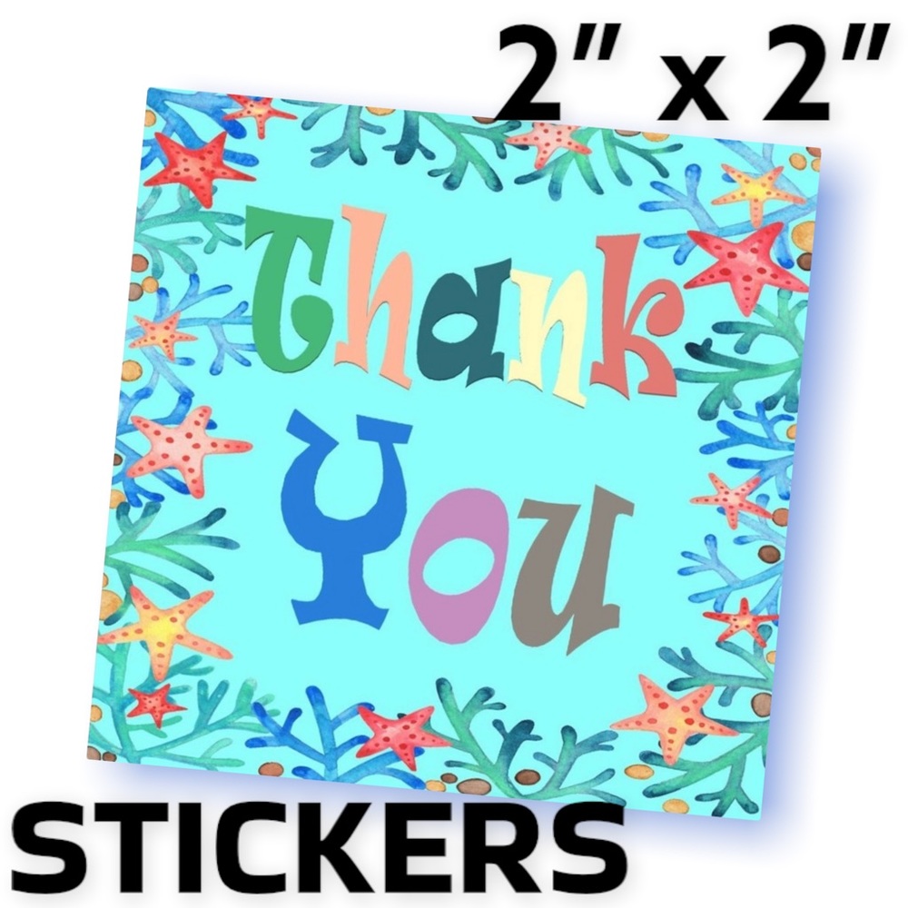 200 (2x2 Inch) Square Stickers, Sea Stars, Starfish High Gloss, Thank You